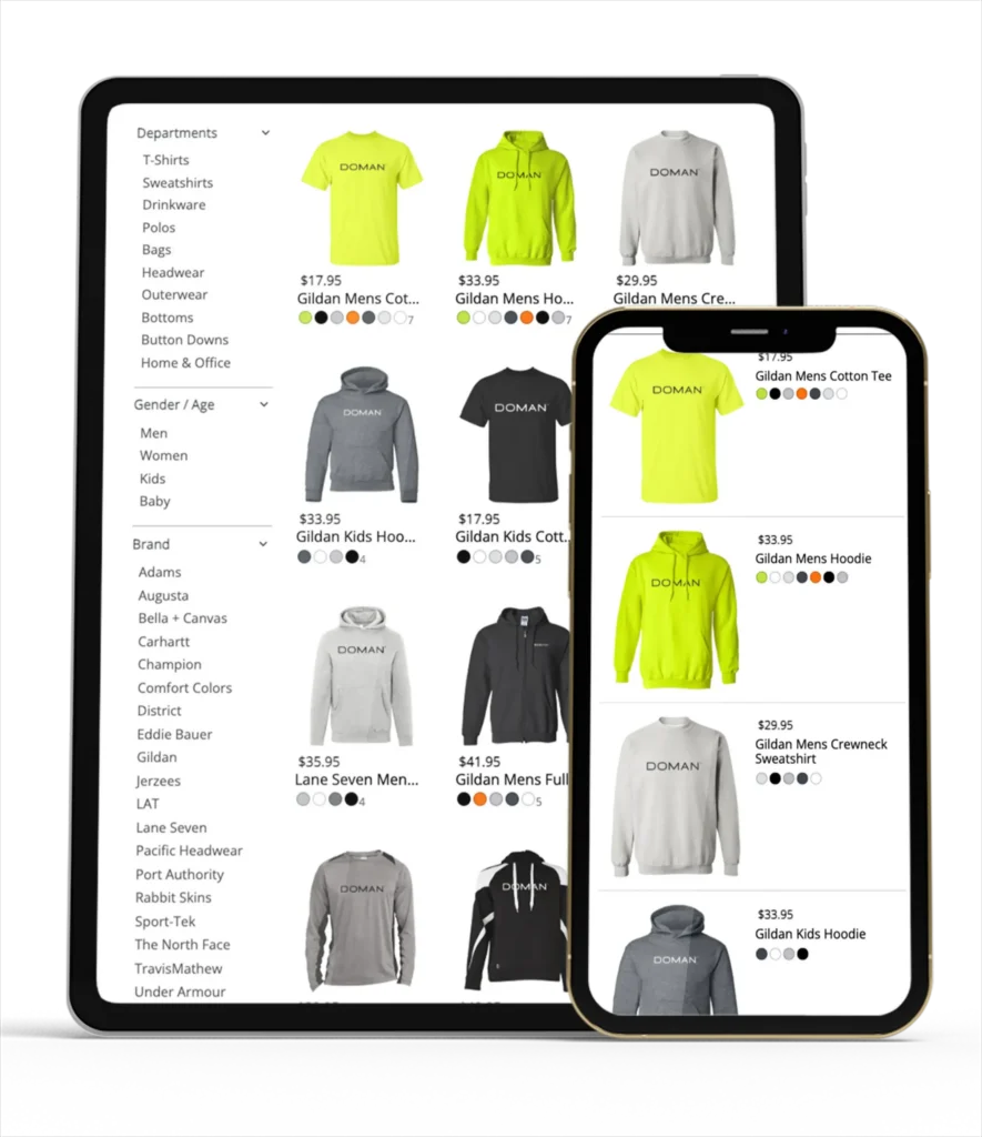 A sample company store on a tablet and a phone